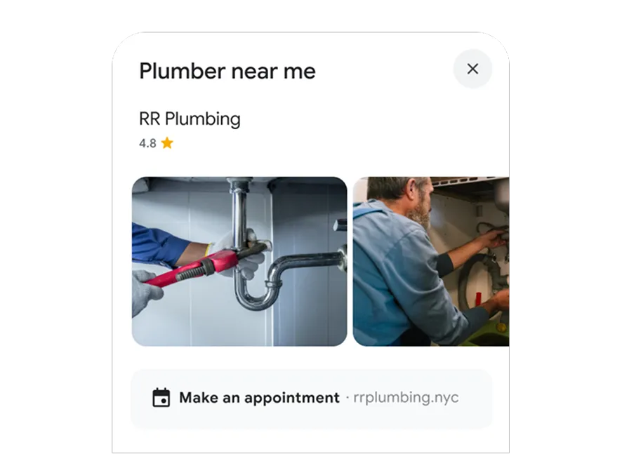Google’s public plumber example shows a business name, reviews, work photos and an appointment link beneath a Plumber near me search.
