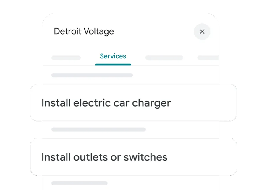 Google’s public Detroit Voltage example lists electric car charger installation and outlet or switch installation under Services.