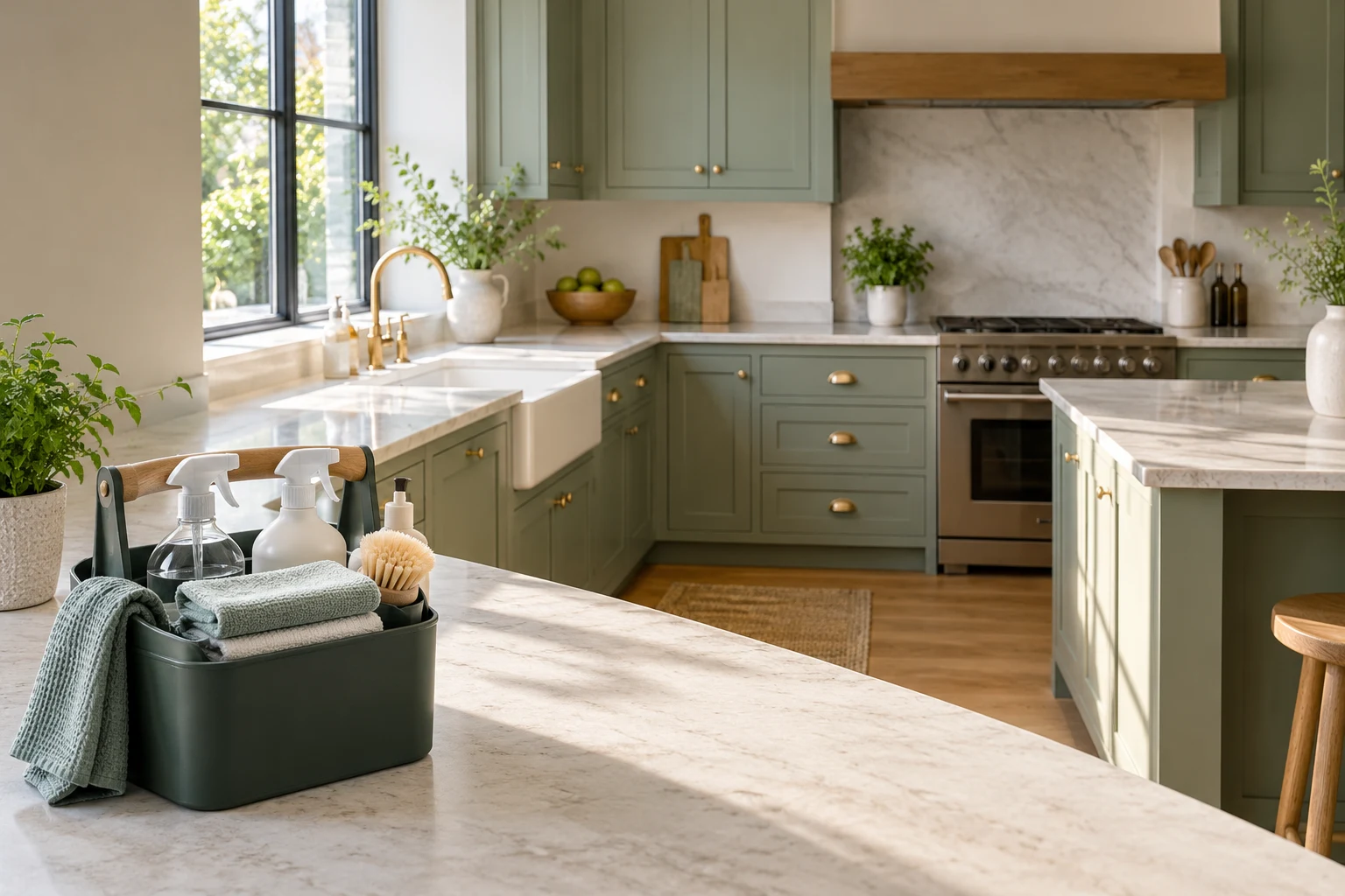 Freshly cleaned sage-green kitchen with a professional cleaning caddy and folded microfiber cloths.