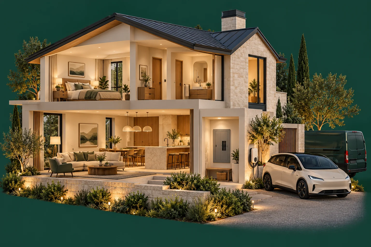 Architectural cutaway of a home with installed lighting, a closed electrical panel, an EV charging area and an electrical service van.