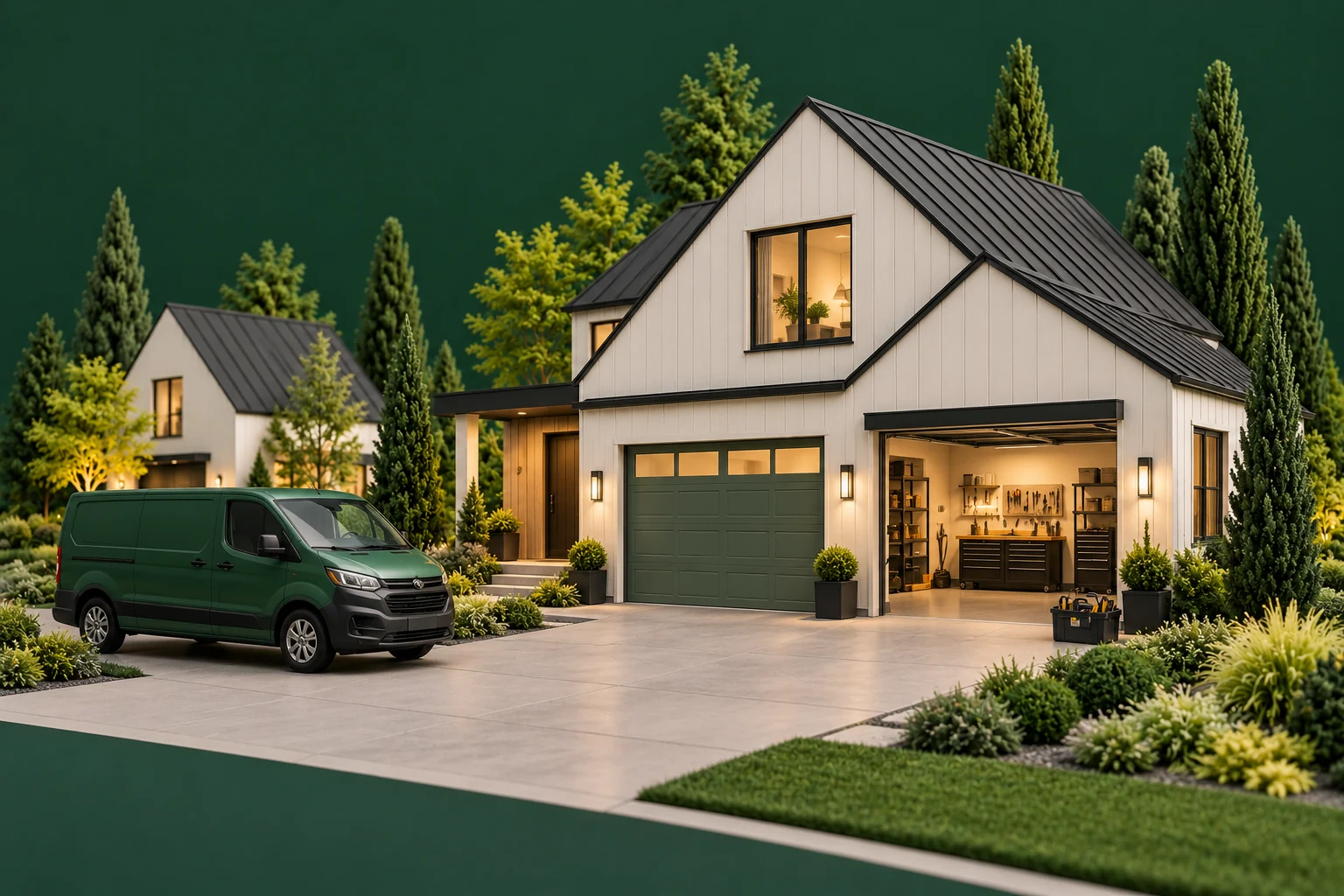 Architectural model of a home with sectional garage doors and a garage-door service van.