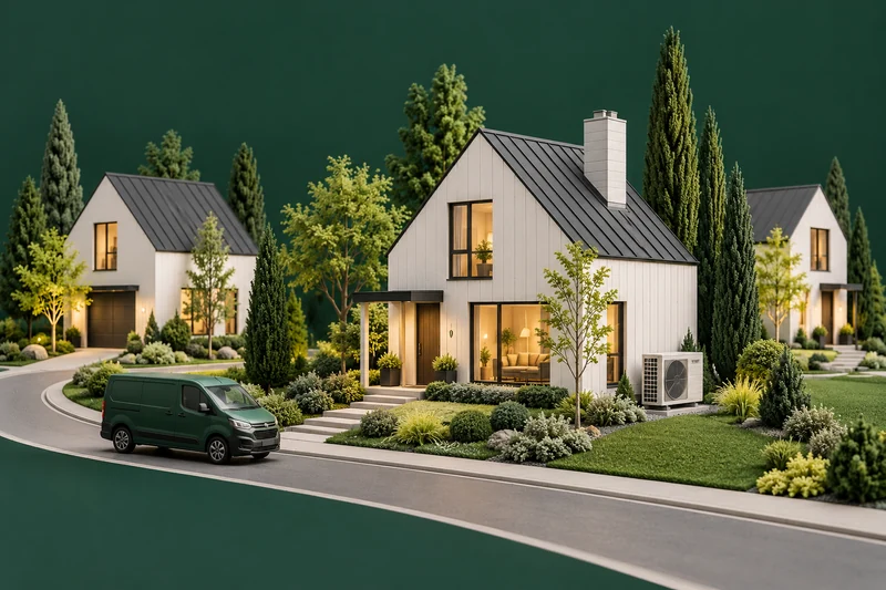Illustration of homes with an outdoor HVAC unit and a service van.