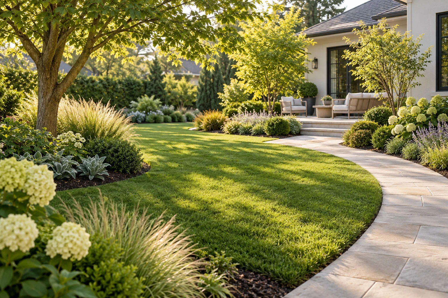 Residential landscape with layered planting beds, a lawn and a stone walkway leading to an outdoor patio.