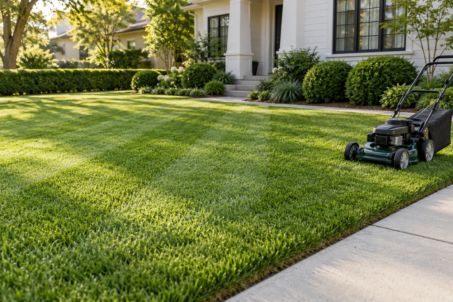 Freshly mown residential lawn with neat edges and a professional mower beside the path.