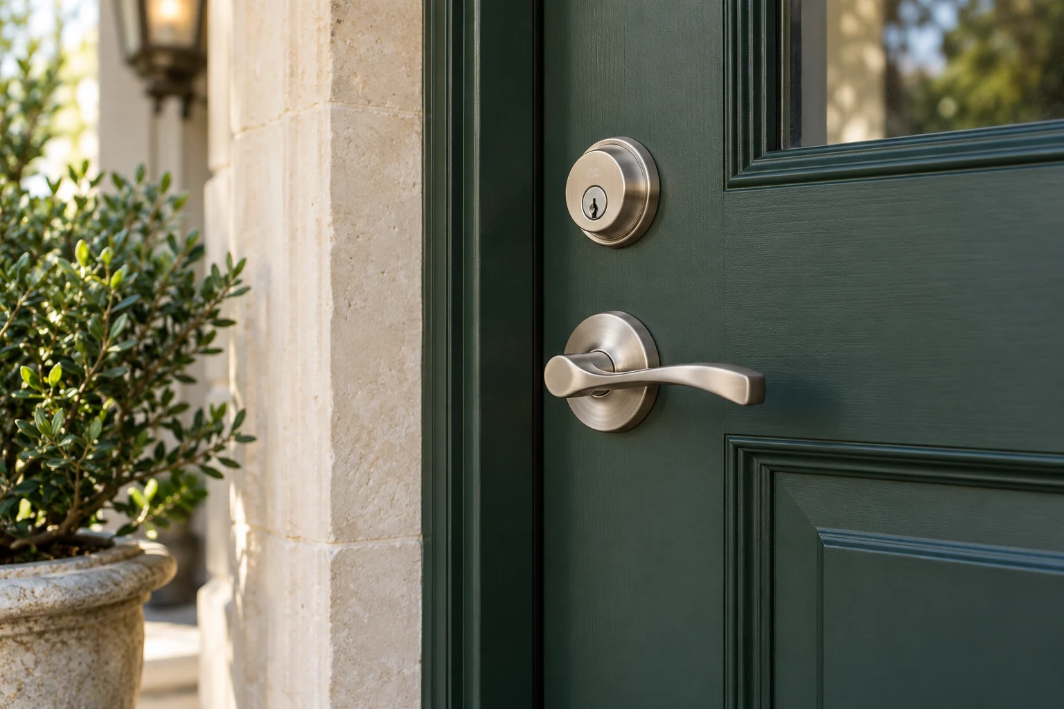 Evergreen residential entrance door with satin nickel deadbolt and lever hardware.