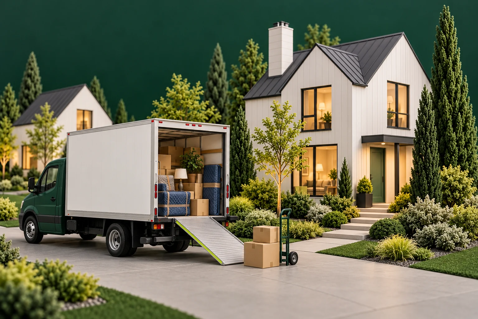 Architectural model of a moving truck with a loading ramp, packed furniture and boxes outside a home.
