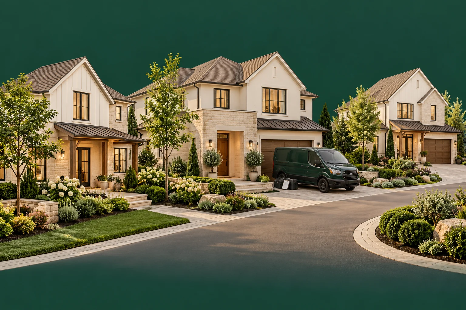 Architectural neighborhood of homes and gardens with a pest-service van, representing local service coverage.