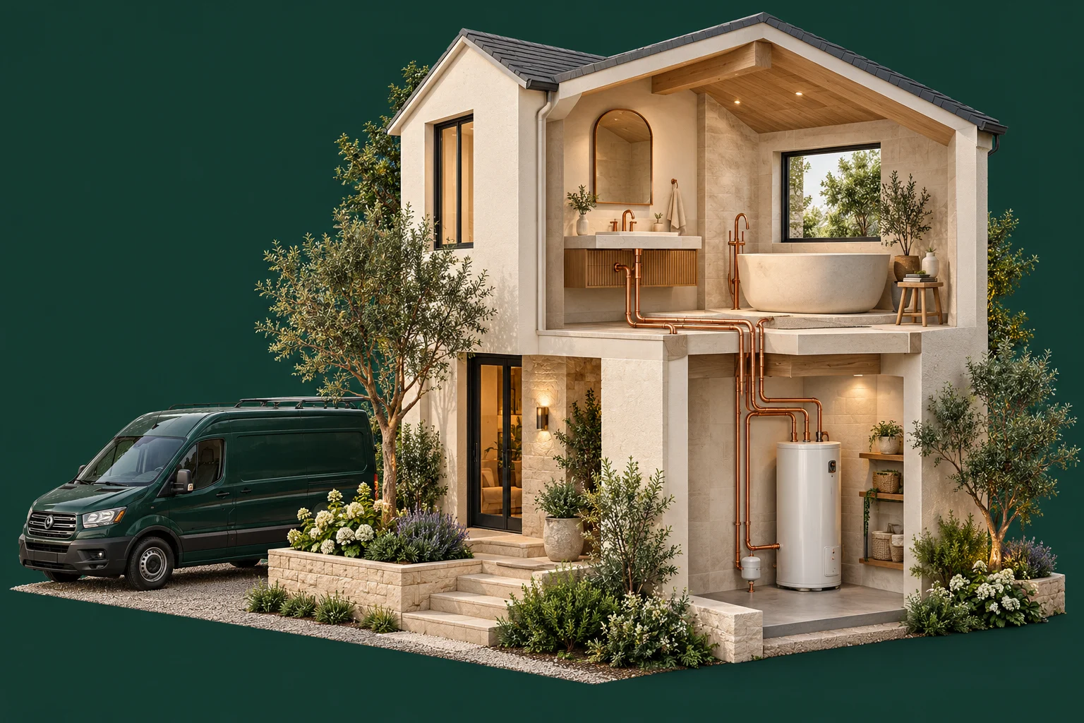 Architectural cutaway of a home with bathroom fixtures, copper pipework, a water heater and a plumbing service van.