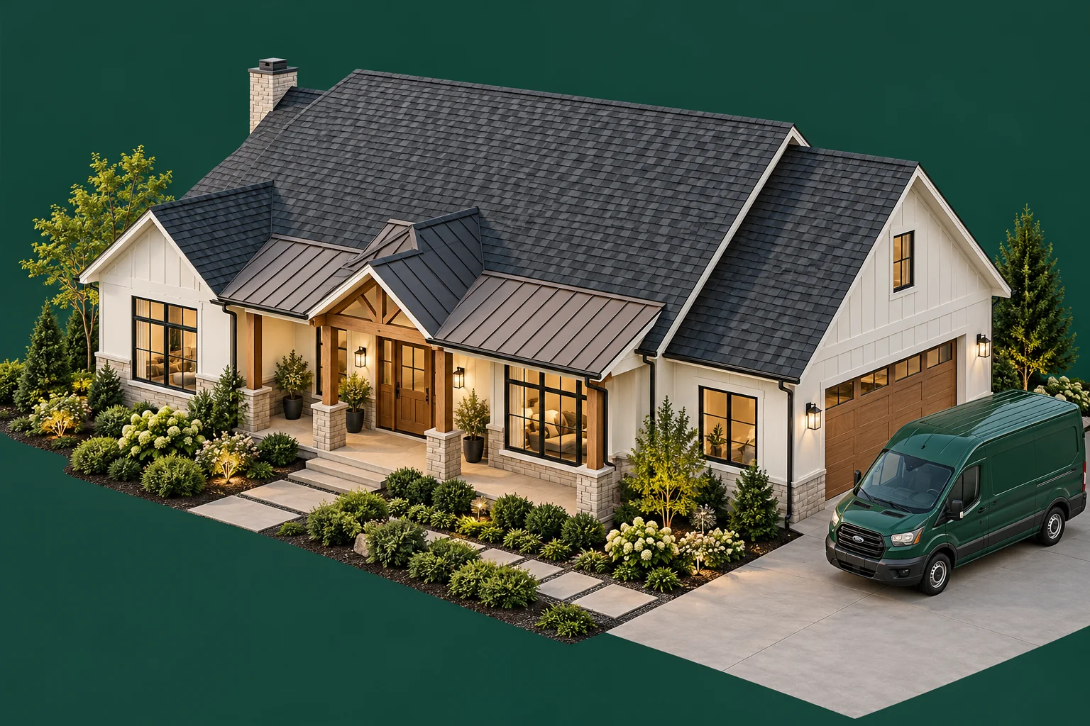 Architectural home with a prominent finished shingle roof, metal porch roof and a roofing service van.